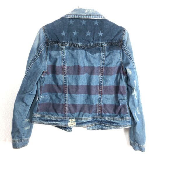 White Crow Distressed Denim Jean Jacket Fade Stars Stripes Womens Size M Boho - Picture 2 of 13